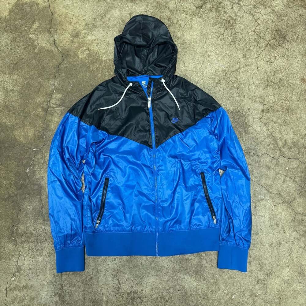 Nike Windrunner Jacket Size L Blue Black Nylon Hooded Windbreaker